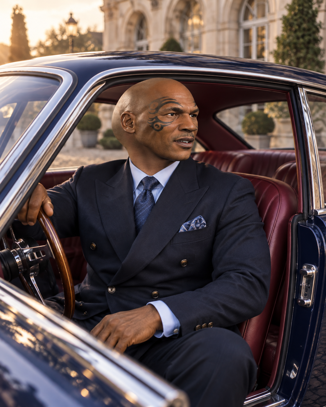 STONKSON in a navy suit seated in a luxury car with burgundy leather seats